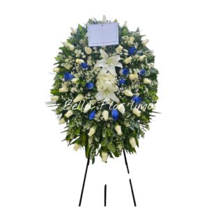 Trípode camino de paz rosas blancas y azules